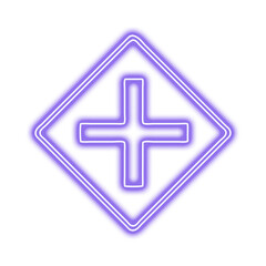 Obraz premium Glowing purple neon plus sign inside a diamond shape isolated on transparent background