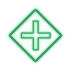 Glowing green neon plus sign inside a diamond shape isolated on transparent background