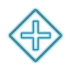 Fototapeta premium Glowing cyan neon plus sign inside a diamond shape isolated on transparent background