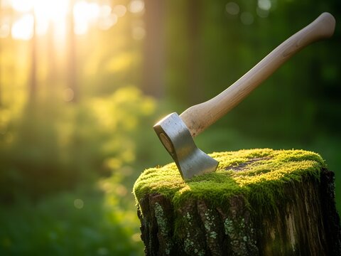 Sharp metal axe stuck in mossy wooden tree stump in sunny green forest for lumberjack and camping concept