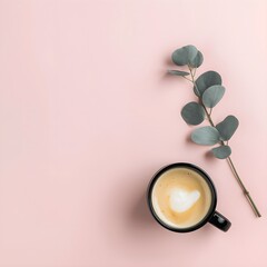 Fototapeta premium cup of coffee and chocolate, cup of coffee with flowers, coffee cup on pink background,