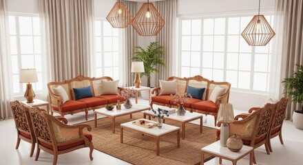 Fototapeta premium Elegant Living Room with Rattan Furniture and Natural Light