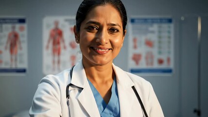 Smiling Indian Doctor in White Coat with Stethoscope, Standing Confidently in a Modern Medical Office