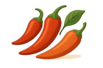 A set of vibrant red chili peppers with smooth surfaces and fresh green stems. The illustration highlights their spicy character and bright color, making it ideal for culinary designs