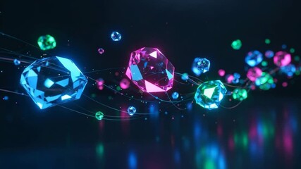 Floating Neon Gems Connected by Light Trails abstract - Powered by Adobe