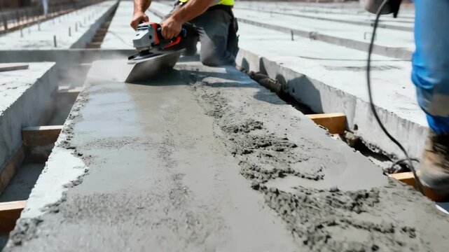 Closeup of workers carefully leveling uneven precast concrete surfaces with specialized tools to restore smoothness and structural integrity.