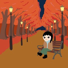 落ち葉が舞う並木道（もみじの絨毯）にベンチや街灯