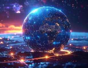 Stylized globe showing continents, overlaid network, and night lights