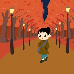 夜の紅葉の中を歩く女性