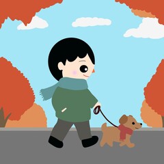 ペットと一緒にマフラー姿で散歩