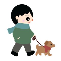 冬に犬の散歩をする男性
