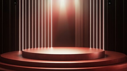 geometric stage with a spotlight, a captivating display area highlighted by radiant light and vertical lines in a stylish arrangement