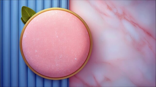A pink circle with a leaf on a blue and pink marble background. The image has a soft, elegant aesthetic.