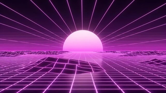 Neon Grid Landscape With Glowing Sun retro