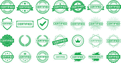 Collection of green certified stamps and badges for quality assurance