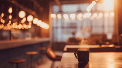 shallow. Cozy cafe interior with warm lighting and steam from coffee. bar promotions, beverage menus, designed for food & beverage menus and cafe branding, used by logistics managers.