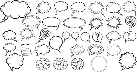 Collection of hand drawn comic book speech bubbles and thought clouds