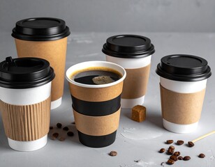 Set of paper take away cups of different black coffee