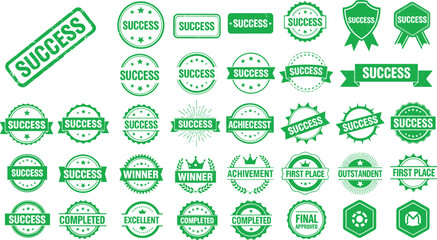 Collection of green success and achievement rubber stamps