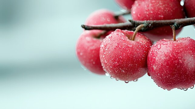 Close-up of red apples on a branch, covered in water droplets, with a blurred natural background.