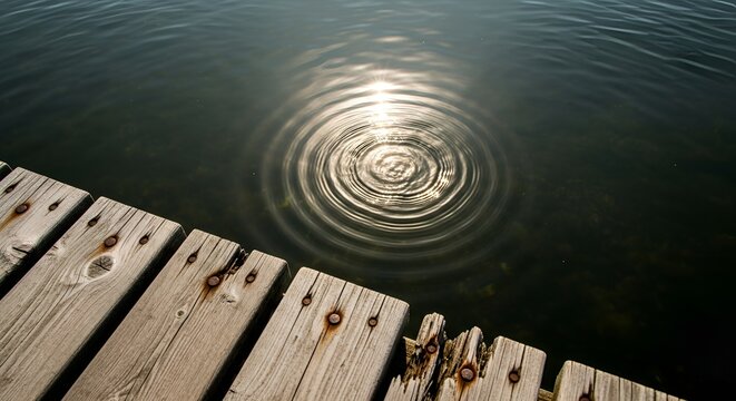 Sunlight sparkles on water creating ripples from the wooden dock casting soft light patterns. - Powered by Adobe