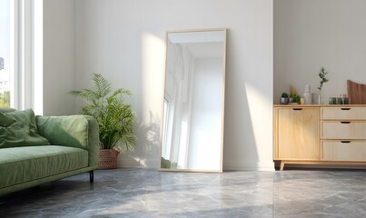 minimal modern room interior, low-angle floor-level perspective facing a large full-body mirror leaning slightly backward against the wal