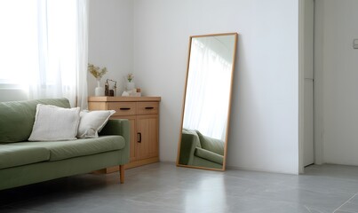 minimal modern room interior, low-angle floor-level perspective facing a large full-body mirror leaning slightly backward against the wal