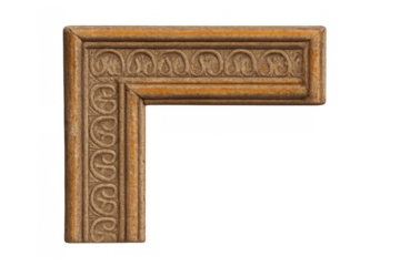 Ornate carved old wooden frame corner molding with antique scrolls and decorative borders on a transparent background