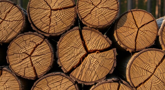 Close-up of stacked logs displaying radial cracks and warm, golden hues in natural light ambience.
