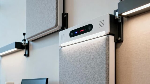 Close view of smart acoustic panels being mounted on walls in a collaborative workspace focusing on seamless integration and technology features.