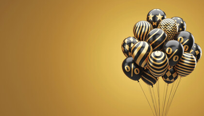 A bunch of black and gold patterned balloons on a golden background.