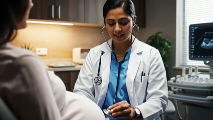 Indian Doctor Examining a Pregnant Woman with Stethoscope in Clinic