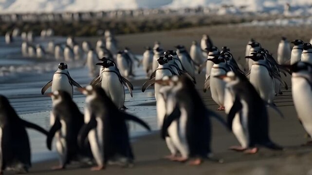 Gentoo penguin colony waddling ashore on sandy beach in Antarctica, creating dynamic wildlife scene, perfect for nature documentaries