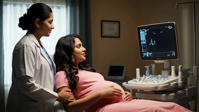 Indian Doctor Examining Pregnant Woman With Ultrasound Machine In Clinic