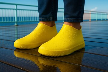 Bright yellow silicone shoe covers worn by a person standing on a wooden deck. The scene is sunny with a clear blue sky in the background.