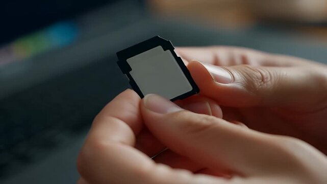 Hand carefully inserting a micro SD card into a laptop for data transfer, ensuring device compatibility and seamless workflow