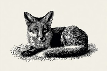 Fototapeta premium An detailed vintage illustration of a resting fox. The image showcases the fox in a relaxed pose