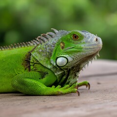 Obraz premium Detailed close-up of a vibrant green iguana resting on a branch, showcasing unique scales, textures, and natural colors. Ideal for wildlife, reptile education, biodiversity, and nature-themed visuals.