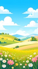 Summer landscape with hills and flowers