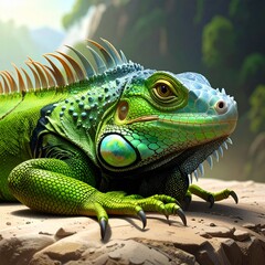 Fototapeta premium Detailed close-up of a vibrant green iguana resting on a branch, showcasing unique scales, textures, and natural colors. Ideal for wildlife, reptile education, biodiversity, and nature-themed visuals.