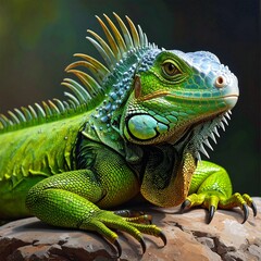 Obraz premium Detailed close-up of a vibrant green iguana resting on a branch, showcasing unique scales, textures, and natural colors. Ideal for wildlife, reptile education, biodiversity, and nature-themed visuals.