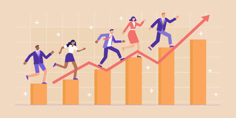 Business people running up a growing bar chart with arrow