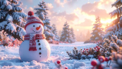 Fototapeta premium Christmas cute snowman in christmas snowy nature.