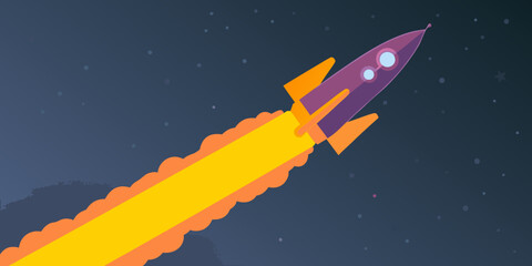 Cartoon rocket launching into space with stars and bright flame