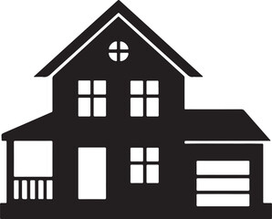 Minimalist Silhouette of Two-Story House with Garage and Porch house icon.