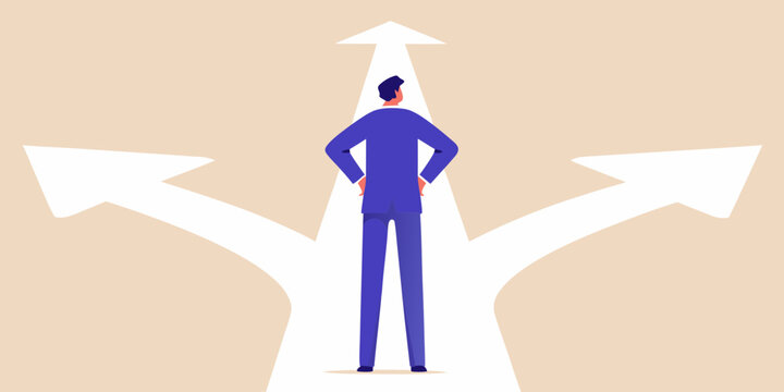 Businessman facing three diverging paths making a difficult decision