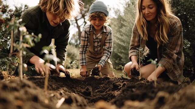 Family Planting Trees Together - A Heartwarming Moment of Connection.