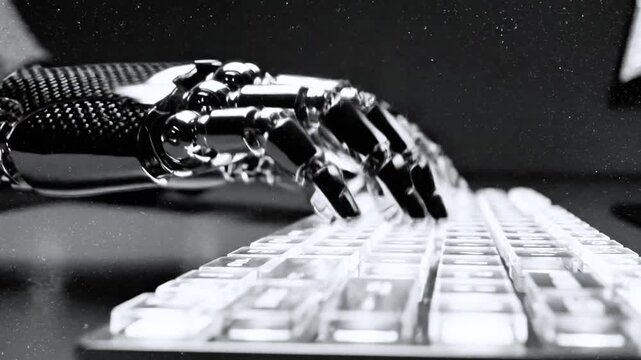 A robotic hand, chrome and carbon fiber, types on a keyboard in a monochrome, gritty scene