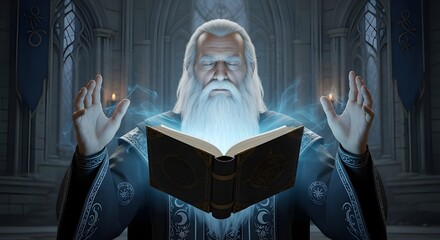 Elder mage summoning radiant energy from a floating tome