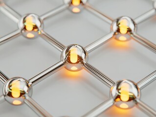 Stunning molecular structure with interconnected nodes radiating light, ideal for science, technology, or innovation concepts, representing connectivity and solutions